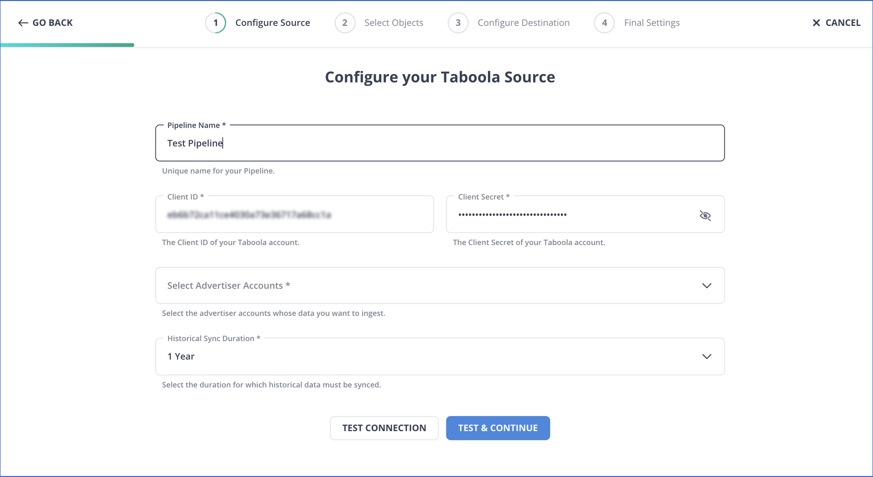Taboola to Snowflake: Configure Taboola Source